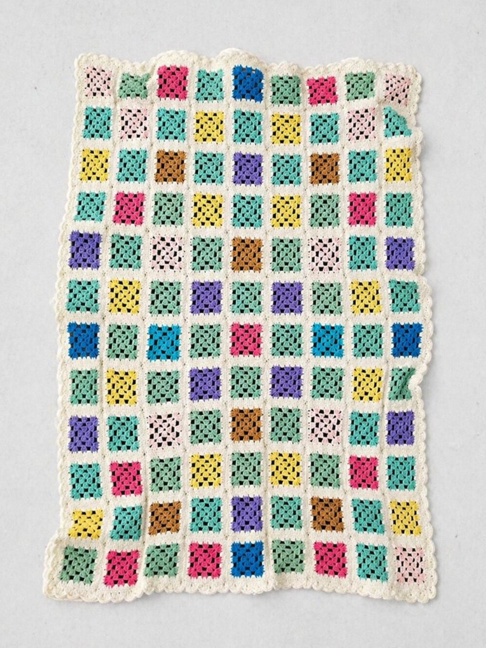 VINTAGE CROCHET BLANKET Granny Square Multicolor Afghan Throw Handmade 49x60